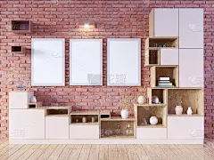 现代明亮的室内与空框架。三维渲染