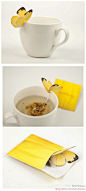 设计师Yena Lee设计的这个黄色蝴蝶茶叶包则从外观上进化了茶叶的包装，吸引了消费者的眼球。