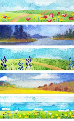 0689水彩Banner风景装饰画芯油画插画春天夏天季节AI矢量设计素材-淘宝网