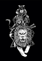 日本武士骑狮子武将盔甲头盔日式插画矢量图素材