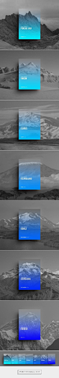 由Riccardo Vicentelli设计的七个峰会海报|  按照身高：Puncak Jaya为大洋洲，Vinson为南极洲，Elbrus为欧洲，Kilimanjaro为非洲，McKinley为北美洲，Aconcagua为南美洲并且最后珠穆琅玛在亚洲。