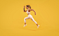 Energetic fitness woman runner running on yellow background