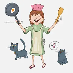 卡通手绘做早餐的小女孩和蓝猫.png图片大小2000x2000px 图片尺寸2.45 MB 来自PNG搜索网 pngss.com 免费免扣png素材下载！大小#戴厨师帽子的小女孩#蛋糕#鸡蛋#卡通手绘#两只蓝猫#平底锅#小清新#早餐#