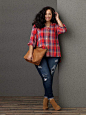 Sears SImply Emma Plus Size Red Plaid Shirt and Cropped Skinny Jeans