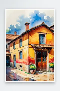 手绘油画老房子四合院插画-众图网
