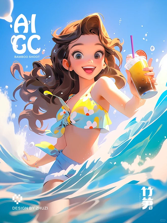 【AIGC】夏日多巴胺冲浪女孩