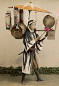Street seller of sweet-cakes. Hand-colored photo. Late 19th century, Japan: 