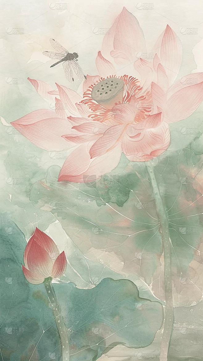 夏日中国风-荷花荷叶水墨晕染无描线工笔画图片背景素材-花瓣网