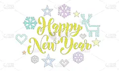 新年快乐的刺绣字体和针织装饰节日贺卡的设计。矢量圣诞书法文字，鹿或雪花和星星装饰编织在白色的圣诞背景