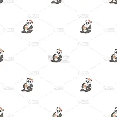 手绘可爱的动物。无缝模式。熊猫，带蜡烛的蛋糕。白色背景。向量。