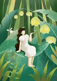 雨水节气下雨中女孩和兔子在森林里花丛植物中捉迷藏 - 136****9518 - 原创作品 - 视觉中国(爱视觉)