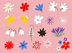 花朵图标收集。 平面卡通矢量插图。 一组花分枝。 收集手工绘制的花卉元素。 用于贺卡、复活节、感恩节