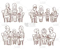 一套家庭晚餐，线条风格