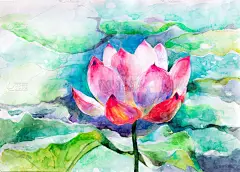 水彩画粉红莲花百合在碧绿蓝水上有美丽花瓣的巴德。瑜伽、宗教、佛教、神秘主义、心理学用水基涂料画画。装