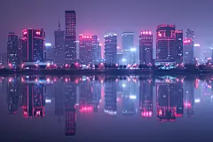 海滨城市高楼外观夜景摄影图