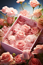 the inside of a box with flowers is covered with pink roses, in the style of georg jensen, digitally manipulated images, playful color palette, rachel whiteread, joyful celebration of nature, soft and dreamy atmosphere, soft gradients