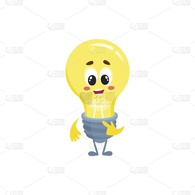 可爱的灯泡人物与滑稽的脸，显示拇指向上