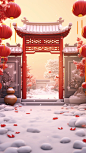 Cartoon blind box style, Spring Festival, simple Chinese gate, door wall, snowman, snow, fireworks, gold coins, lanterns, red envelopes, firecrackers, Spring Festival atmosphere, C4D modeling, OC rendering，best quality, 8k