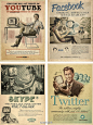 用60年代的广告手法，为Youtube、Facebook、SKYPE、Twitter做平面广告。那是个手绘的年代，文案很有趣~