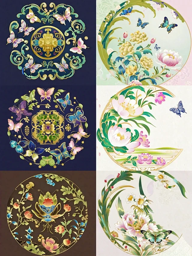 中式团花纹样|蝴蝶蝶恋花纹样设计Aigc-花瓣网
