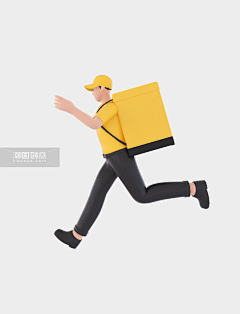立体C4D人物黄色外卖员跑步正侧面
