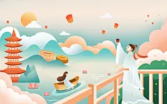 彩色卡通手绘扁平风八月十五中秋节古风赏月原创插画海报