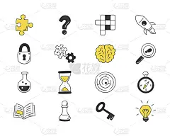 拼图和谜语。一组孤立的手绘对象。填字游戏，迷宫，大脑，棋子，灯泡。