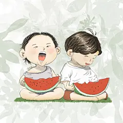 吃瓜系列：原创儿童插画，噪点插画，关于夏天的记忆