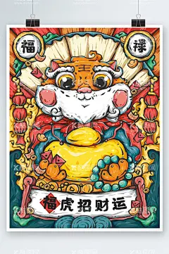 福虎招财运新年原创国潮风手绘祝  - 源文件下载【酷图网】装饰,虎年,活泼,快乐,过年,2022,个性,潮流,炫酷,国风,元素,红包,元宝,财宝,线下,海报,活动,宣传,炫彩,卡通,可爱,图形,彩色,黄色,红色,创意,祝福,新年,老虎,节日海报,