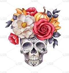 水彩插图，万圣节花头骨，秋天的花，秋天的南瓜，dia de los muertos，节日剪辑艺术孤立