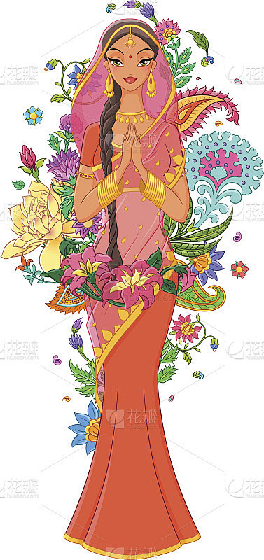 矢量印度女孩在纱丽与花和装饰品