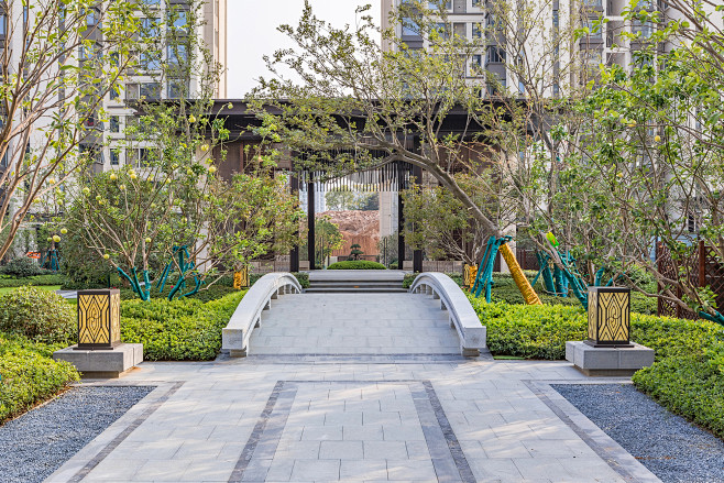 南京星河天赋 高端精品住宅 新中式 休憩空间 廊架 地面铺装 砾石散铺