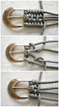 This may contain: two pictures showing how to tie the ends of rope with metal clips and hooks on white fabric