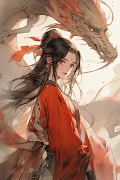 水墨古装红衣少女古风女孩和龙插画