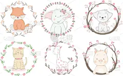 可爱的,动物手,花坛,卡通,贺卡,浪漫,狗,象,猪,自然美