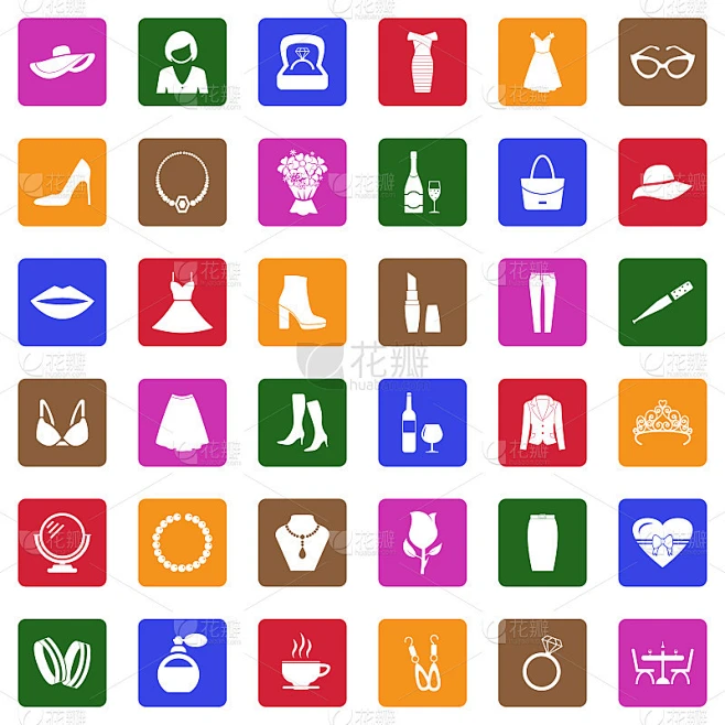 Lady Icons. White Flat Design In Square. Vector Il素材-花瓣网