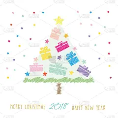 可爱的圣诞贺卡。2018年新年快乐。儿童绘画风格。圣诞树与礼物盒孤立在白色。