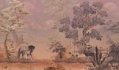 欧式 热带雨林 树林 马 鹿 狗 蘑菇 手绘 壁画 壁纸 墙画 背景墙 电视背景 床头背景 卧室 酒店