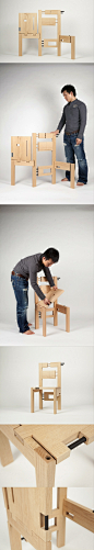 Kachi Katah是一把造型独特的折叠椅，灵感源于日本传统的插花艺术，在插花过程中，花艺设计师和观赏者共同获得一种缺憾、短暂和残缺的体验。
这把折叠椅采用扁平化设计，通过简单折叠，使用者就可以组装出一把可坐的椅子。椅子的设计者是正在Pratt学院学习工业设计的日本设计师Masamune Kaji。更多：http://www.shejipi.com/
