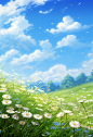 a large grass field with flowers blooming under the sky, in the style of delicately rendered landscapes, sky-blue and white, transparency and lightness