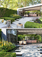 The stone steps from a sunken patio/lounge area transform into wide rectangular stepping stones that are surrounded by water, and lead to a pavilion with a dining area and kitchen. #Landscaping #LandscapeDesign #ModernGarden #GardenPavilion _T--庭院设计采下来_T2