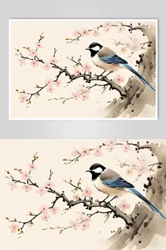 AI数字艺术中国风梅花喜鹊水墨画插画-众图网