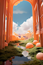 water inside a house of clouds, skyscrapers and trees, in the style of kawaii aesthetic, orange and green, windows vista, nicolas poussin, anime aesthetic, three-dimensional space, rectangular fields