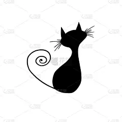 黑猫坐着，卷曲的尾巴孤立在白色背景上。涂鸦风格。手绘插图。图标。宠物。兽医。