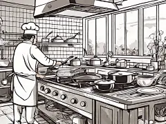 扁平手绘厨师在厨房烹饪插画AI数字艺术