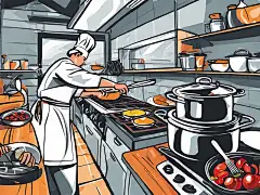 扁平手绘风厨师在厨房烹饪插图AI数字艺术