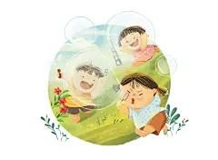 越南插画师AnhHa阳光白云绿水蓝天，过家家玩弹珠捉迷藏，童年的乐趣~ : 插画师的儿插有着很明亮的氛围场景，人物都比较圆润可爱，眼睛大大的，扁平外加笔触手绘的感觉让画面变得丰富而有生机~​