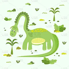 可爱的绿色恐龙画在儿童风格与装饰元素。雷龙，梁龙，腕龙用来印在小孩的东西上。