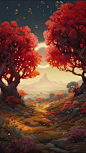 A landscape of ruby trees and sapphire flowers and emerald fruits growing on a land composed of shining diamond soil, illuminated by a golden sun and a silver moon