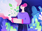 A new plant to my garden detailed colorful gardener blue purple woman flat  design flat garden plant